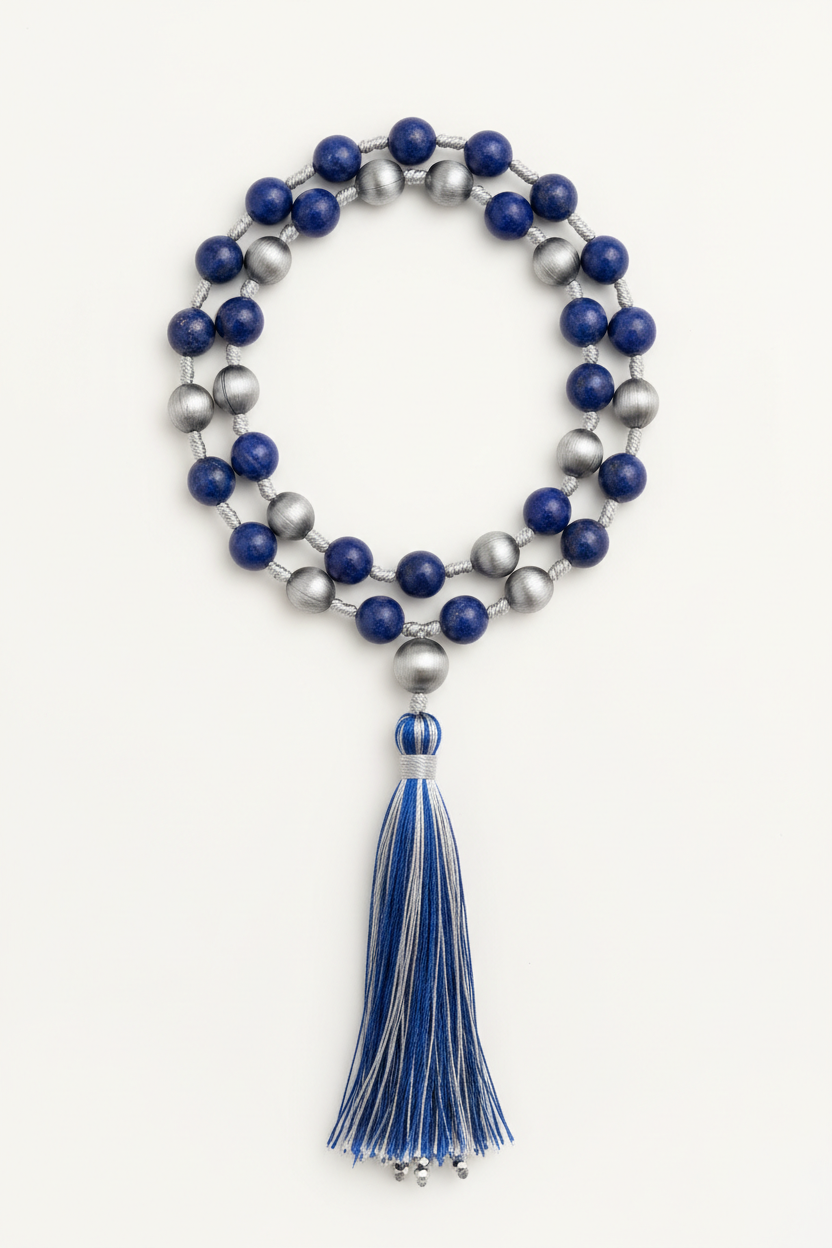 Le Celeste Mala luxury hand-knotted celestial gemstone mala necklace centered on white background
