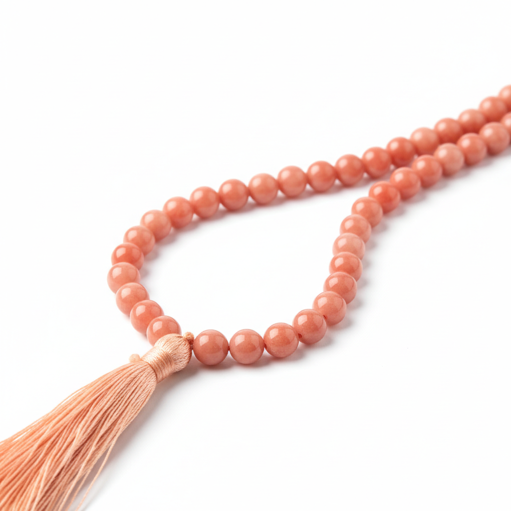 Coral pink mala necklace angled side view