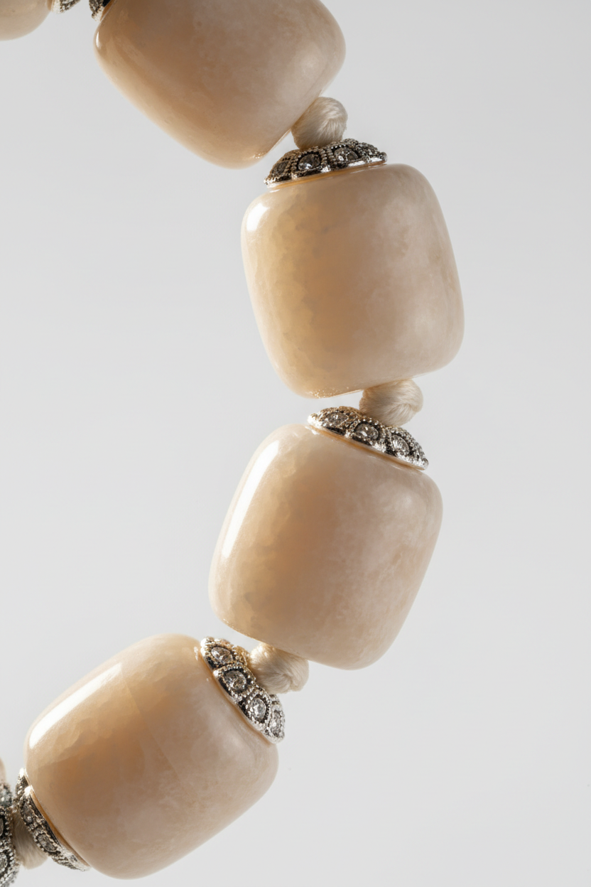 Close-up of premium gemstone beads on Calm Soul Bracelet in soft neutral cream and ivory tones