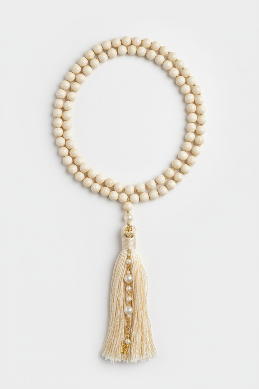 Le Sattva Mala luxury ivory gemstone spiritual mala necklace centered on white background