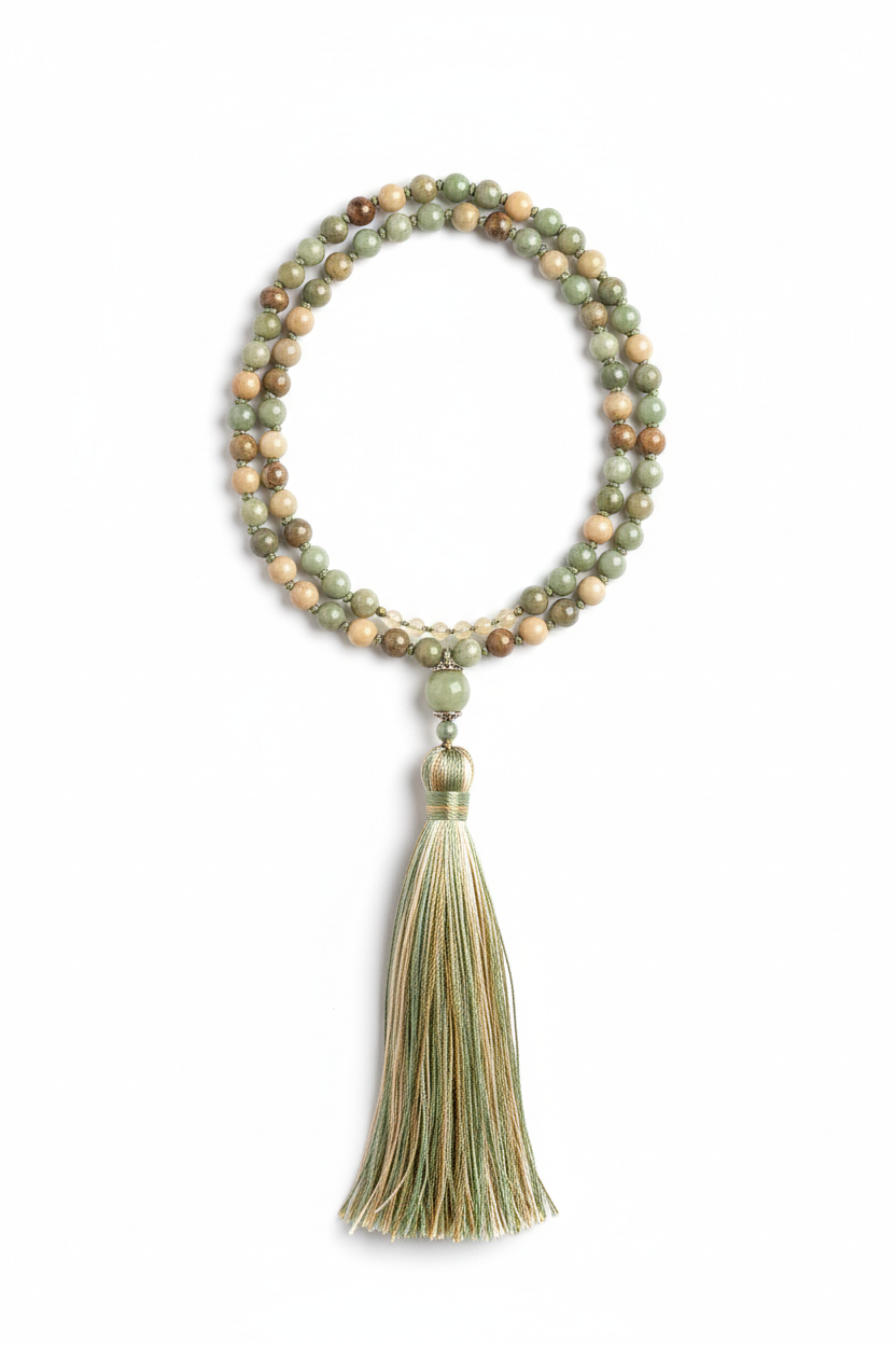 Le Zen Mala luxury hand-knotted gemstone mala necklace centered on white background