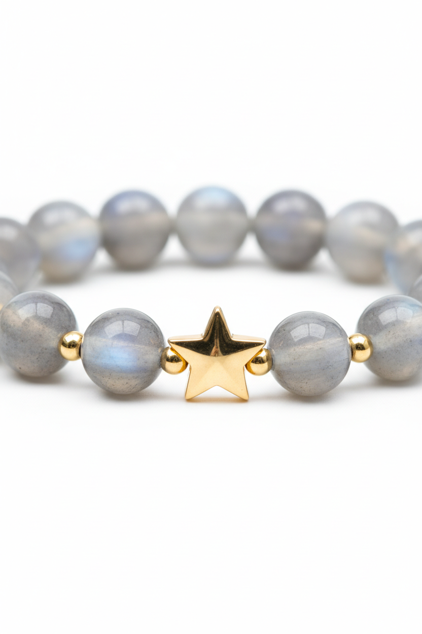 Jewelry macro close-up of Serenity Crystal Bracelet showing moonstone shimmer and gold star charm