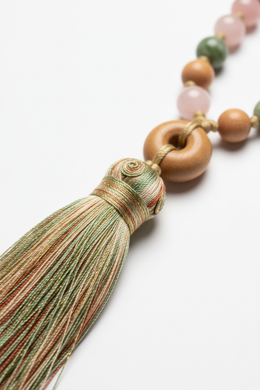 Close-up of Le Zen Mala elegant silk tassel in sage green and earth tones
