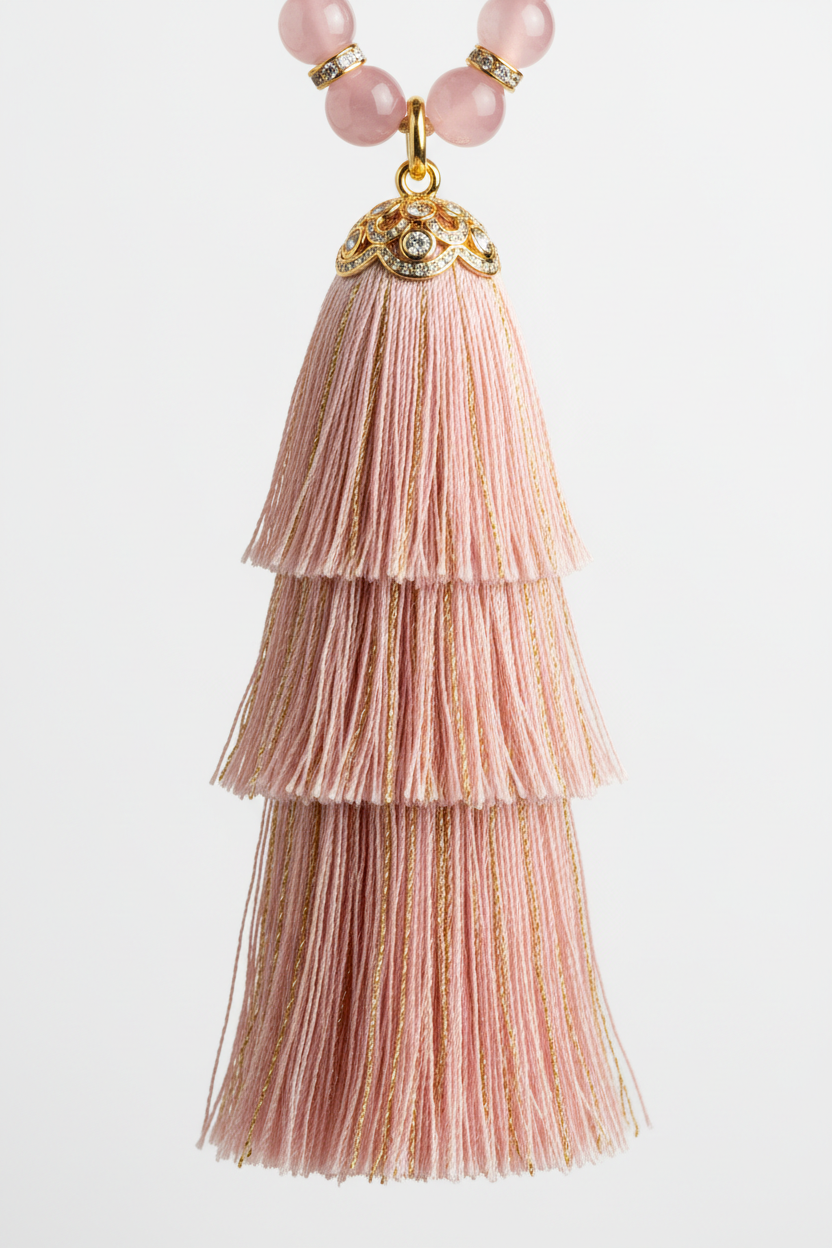 Close-up of Le Serenity Mala elegant silk tassel detailing