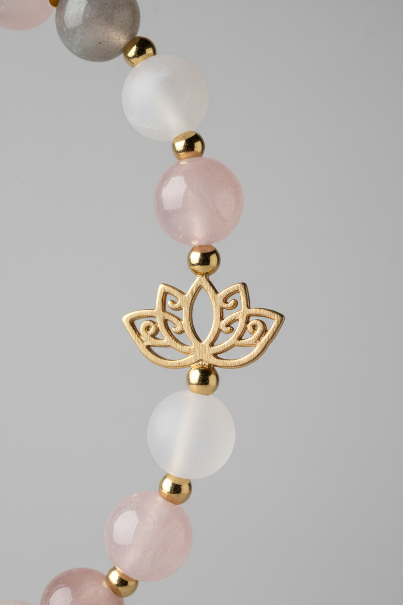 Macro close-up of Inner Peace Bracelet natural gemstone bead surface and gold charm craftsmanship