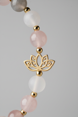 Macro close-up of Inner Peace Bracelet natural gemstone bead surface and gold charm craftsmanship