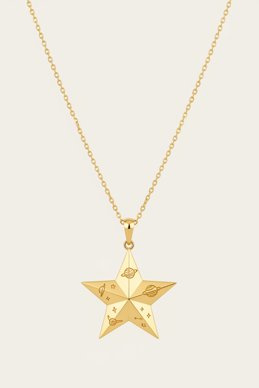Le Stella luxury gold star pendant necklace centered on white background